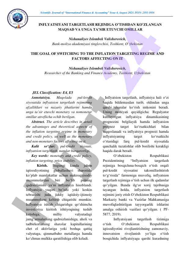Inflatsion targetlash rejimi va uning ta'sir etuvchi omillari