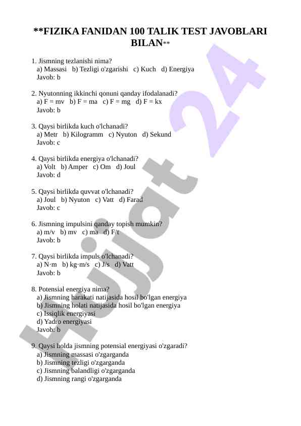 Fizika fanidan 100 talik test javoblari