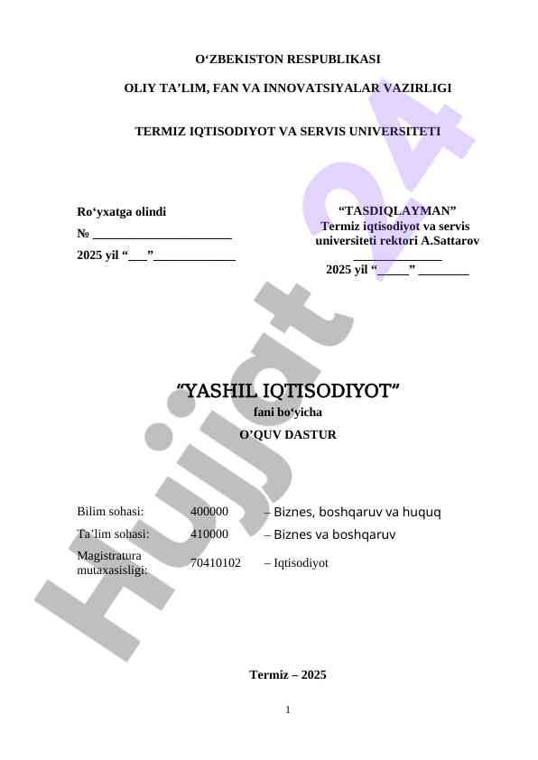Yashil iqtisodiyot fani bo‘yicha o‘quv dasturning