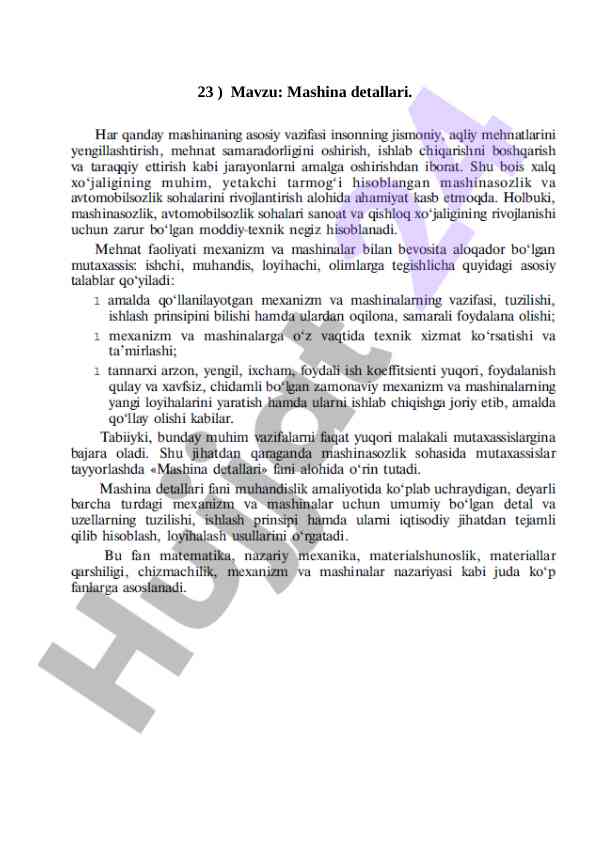 Mashina detallari bo‘yicha kurs ishlari