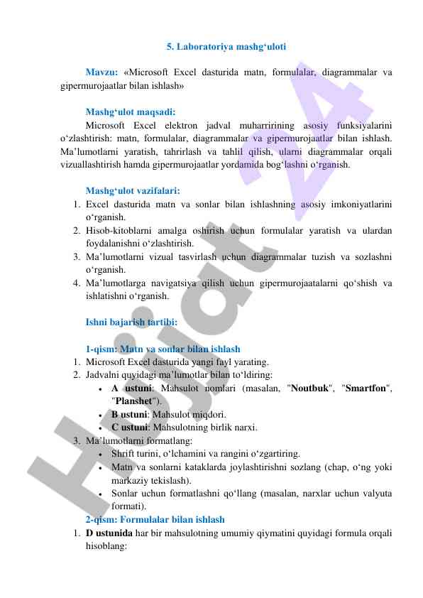 Microsoft excel dasturida matn va diagrammalar bilan ishlash