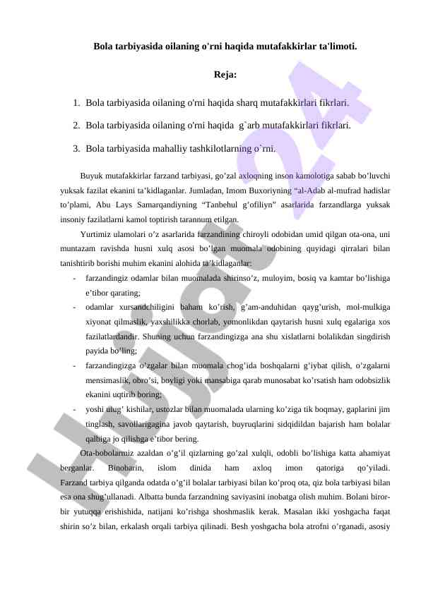 Bola tarbiyasida oilaning o'rni haqida fikrlar