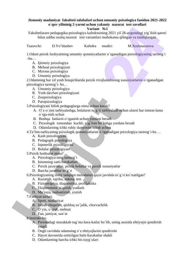 Umumiy psixologiya test savollari 2021-2022