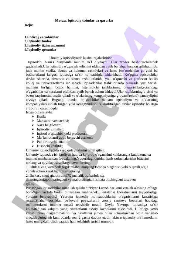 Iqtisodiy tizimlar va qarorlar mavzusi