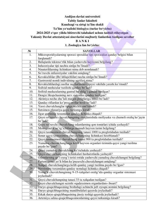 Biologiya o‘quvchilari uchun yakuniy test savollari