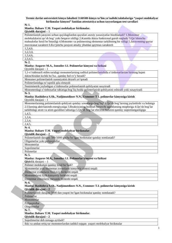 Yuqori molekulyar birikmalar kimyosi test savollari