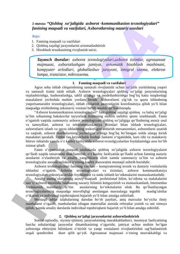 Qishloq xo‘jaligida axborot-kommunikasion texnologiyalari