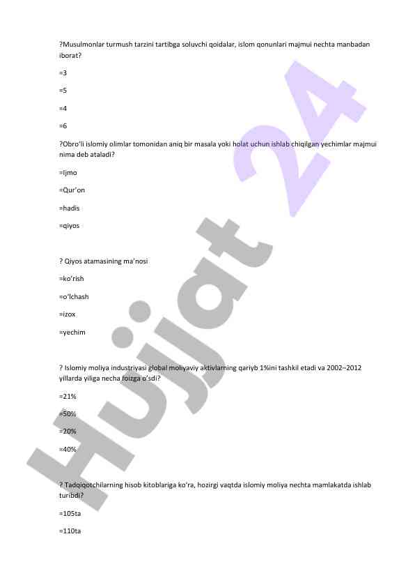 Islom qonunlari bo‘yicha test savollari