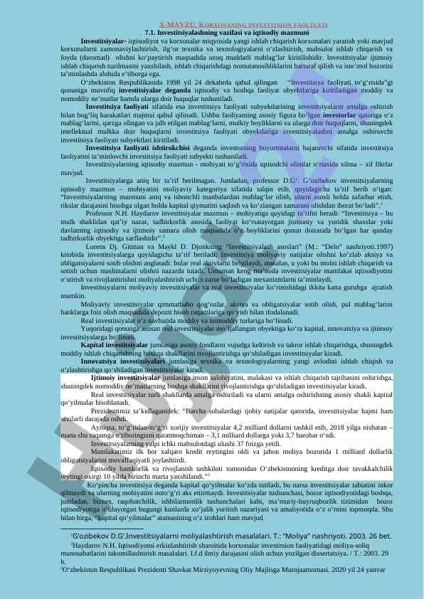 Korxonaning investitsion faoliyati tahlili