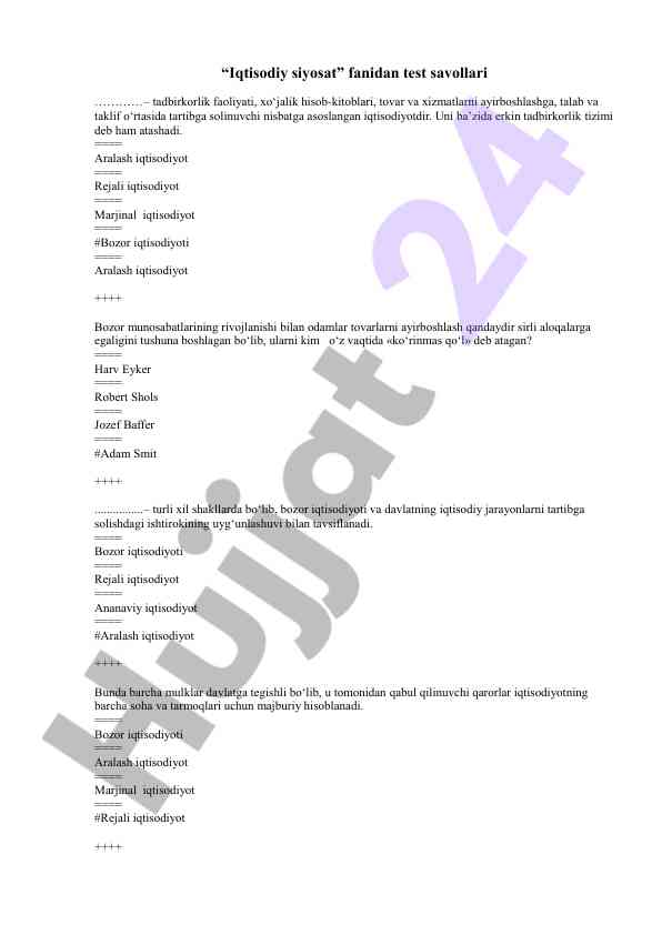 Iqtisodiy siyosat fanidan test savollari