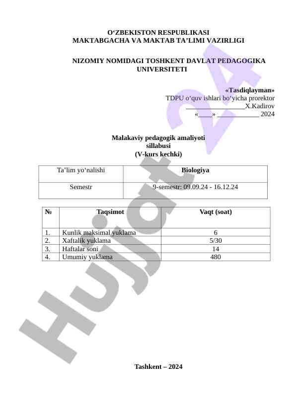 Malakaviy pedagogik amaliyoti sillabusi biologiya