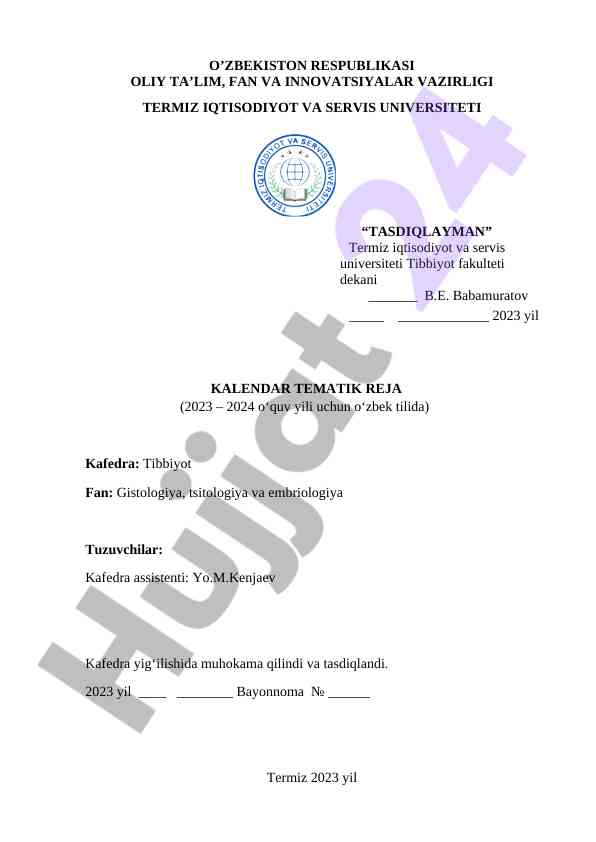 Gistologiya, tsitologiya va embriologiya rejasi 2023