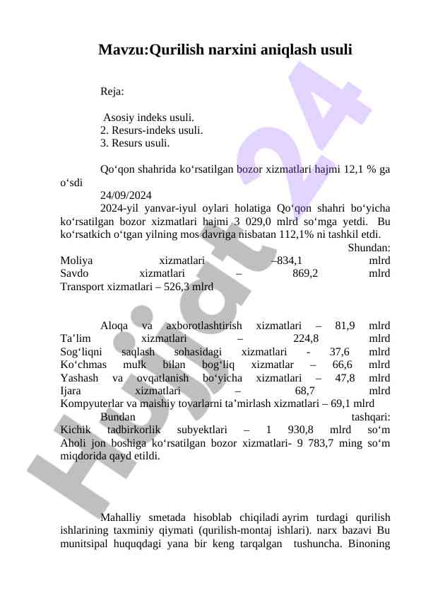 Qurilish narxini aniqlash usuli