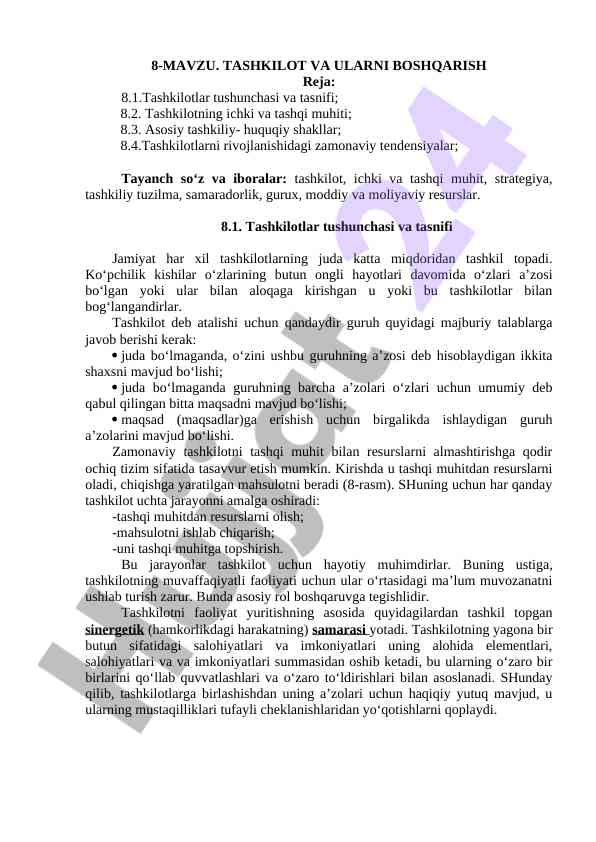 Tashkilot va ularni boshqarish asoslari