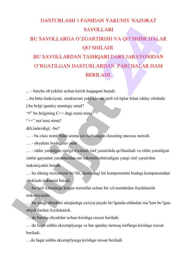 Dasturlash fanidan yakuniy nazorat savollari