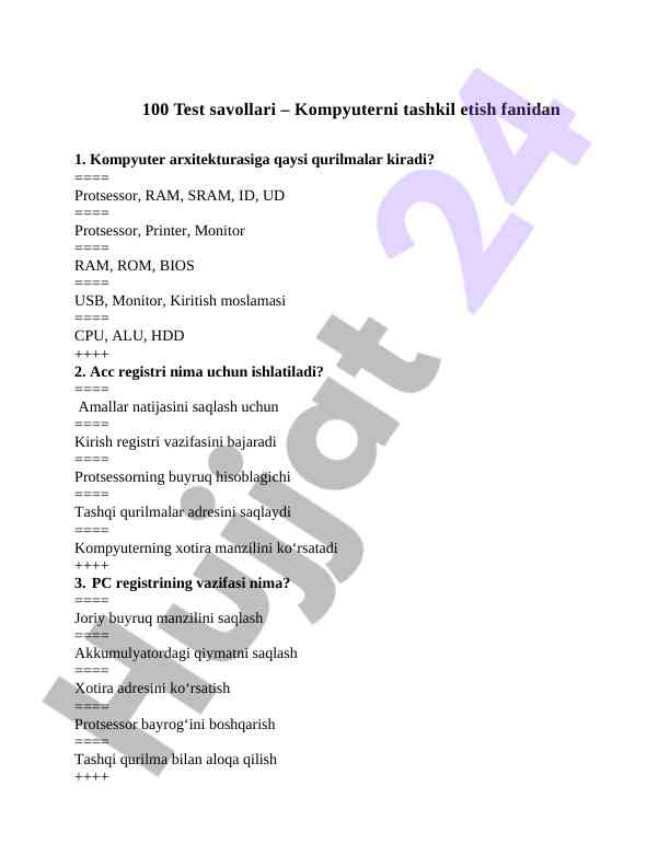 Kompyuterni tashkil etish fanidan test savollari