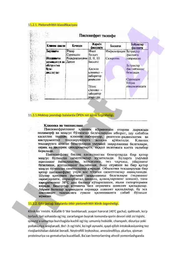 Pielonefrit klinik o'zgarishlari va klassifikatsiyasi
