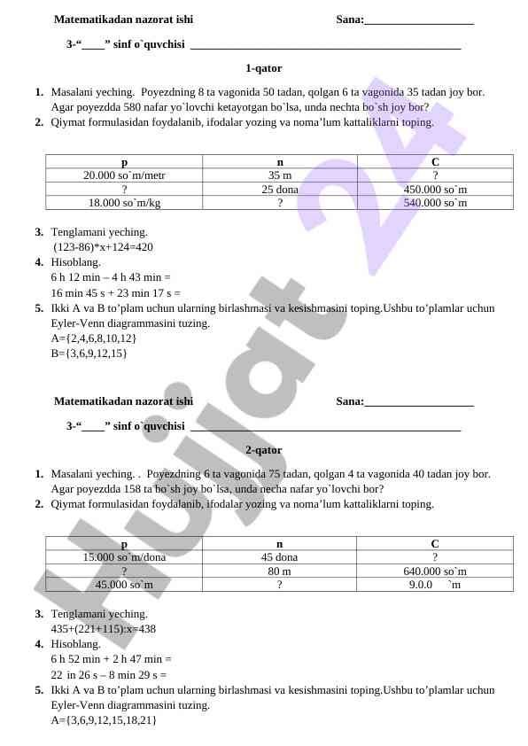 Matematikadan nazorat ishiga misollar