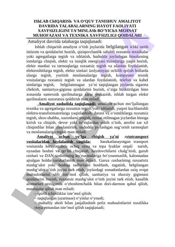 Ishlab chiqarish amaliyoti talabalarga xavfsizlik qoidalari