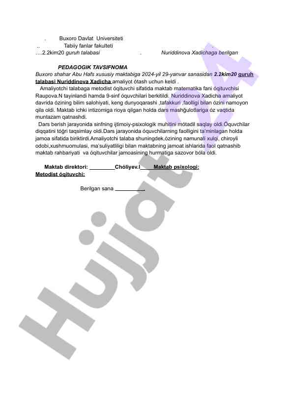 Pedagogik tavsifnoma buxoro davlat universiteti talabasi