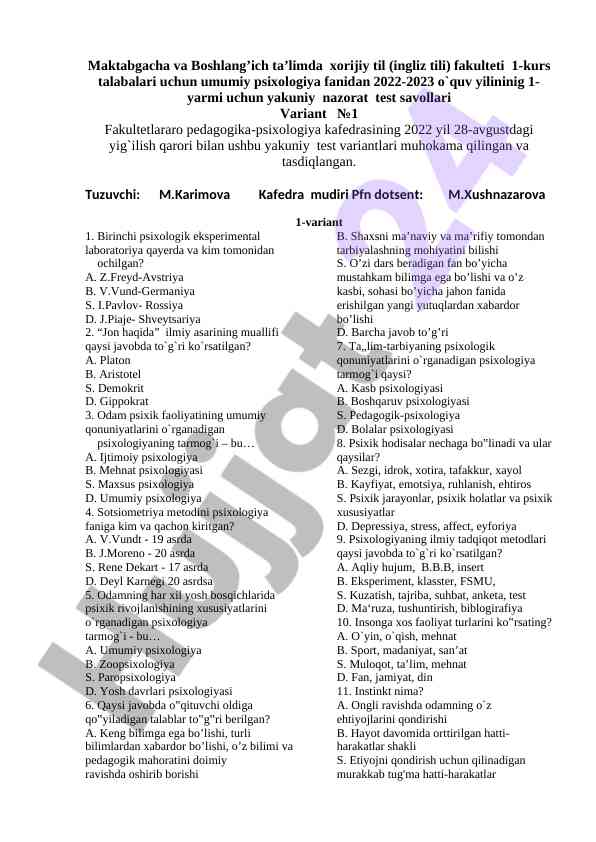 Umumiy psixologiya fanidan nazorat test savollari