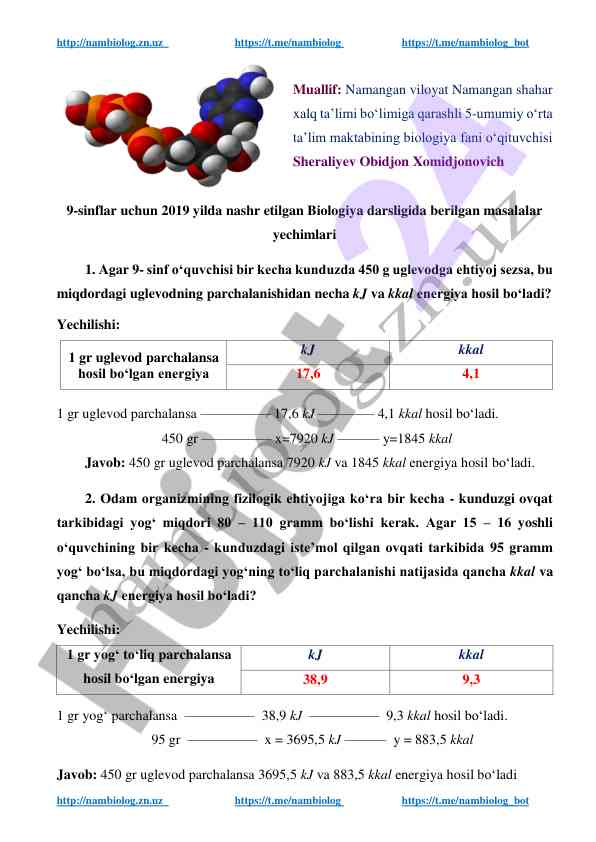 Biologiya darsligi masalalari yechimlari
