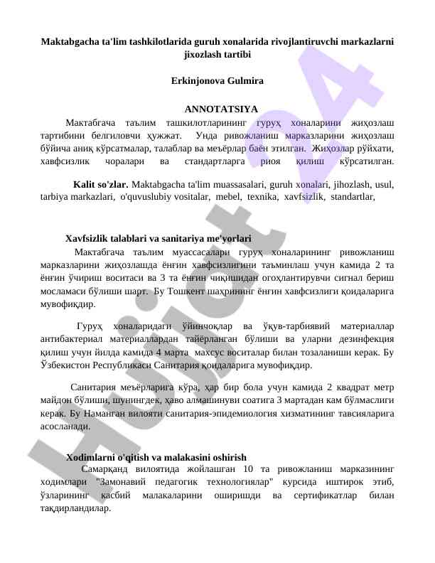 Maktabgacha ta'lim tashkilotlarida rivojlantiruvchi markazlar