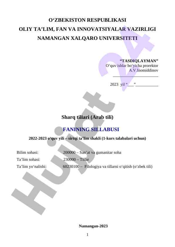 Sharq tillari fanining sillabusi 2022-2023 o‘quv yili