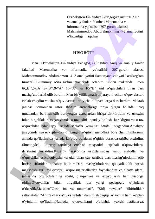 Matematika va informatika yo’nalishida amaliyot hisoboti