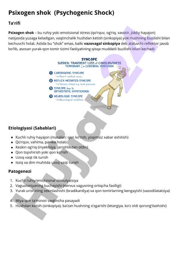 Psixogen shok va uning klinik simptomlari