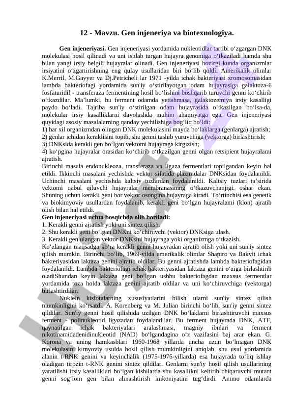 Gen injeneriyasi va biotexnologiya asoslari