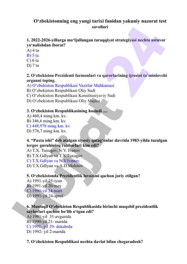 O'zbekiston tarixi fanidan yakuniy nazorat test savollari