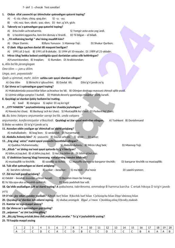 7-sinf 1-chorak test savollari o‘quvchilar uchun