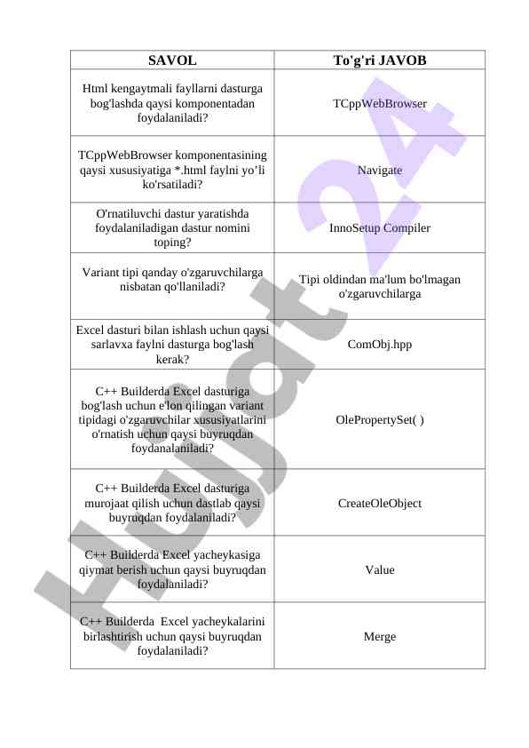 C++ builder excel dasturi bilan ishlash savollari
