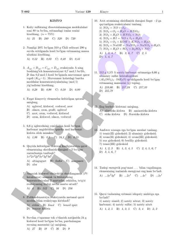 Kimyo testlari yozish va hisoblash usullari