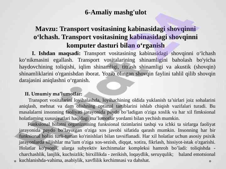 Transport vositasining kabinasidagi shovqinni o‘lchash