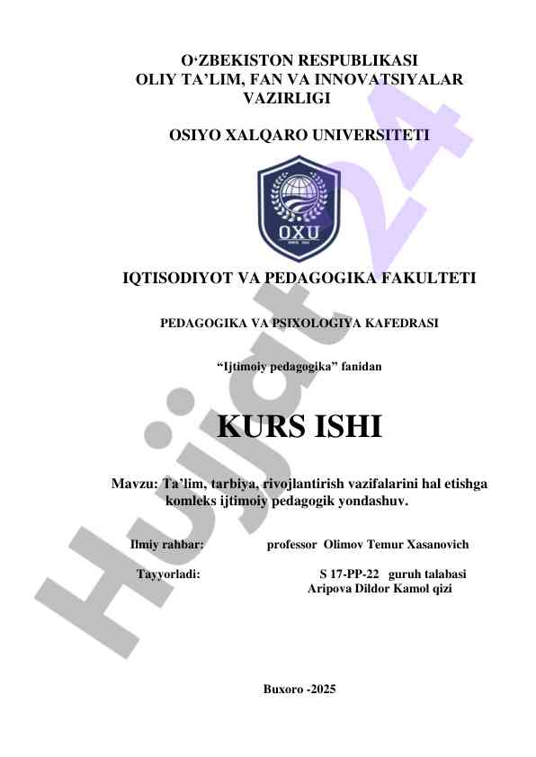 Ijtimoiy pedagogika fanidan kurs ishi