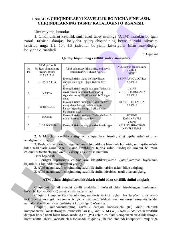 Chiqindilarni xavflilik bo‘yicha sinflash vazifalari