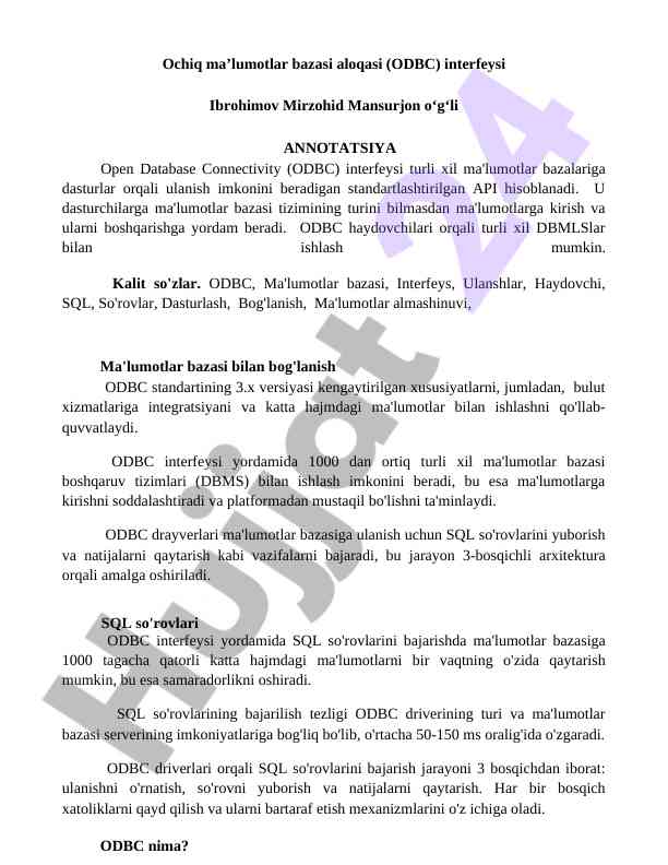 Ochiq ma’lumotlar bazasi aloqasi odbc interfeysi