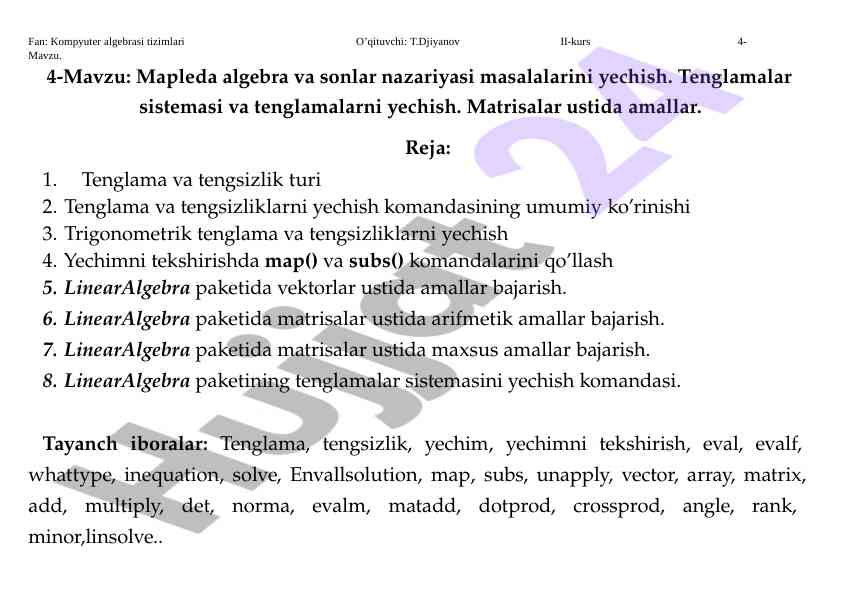 Mapleda algebra va sonlar nazariyasi masalalari