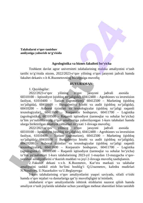 O‘quv-tanishuv amliyoti uchun talabalar jadvali