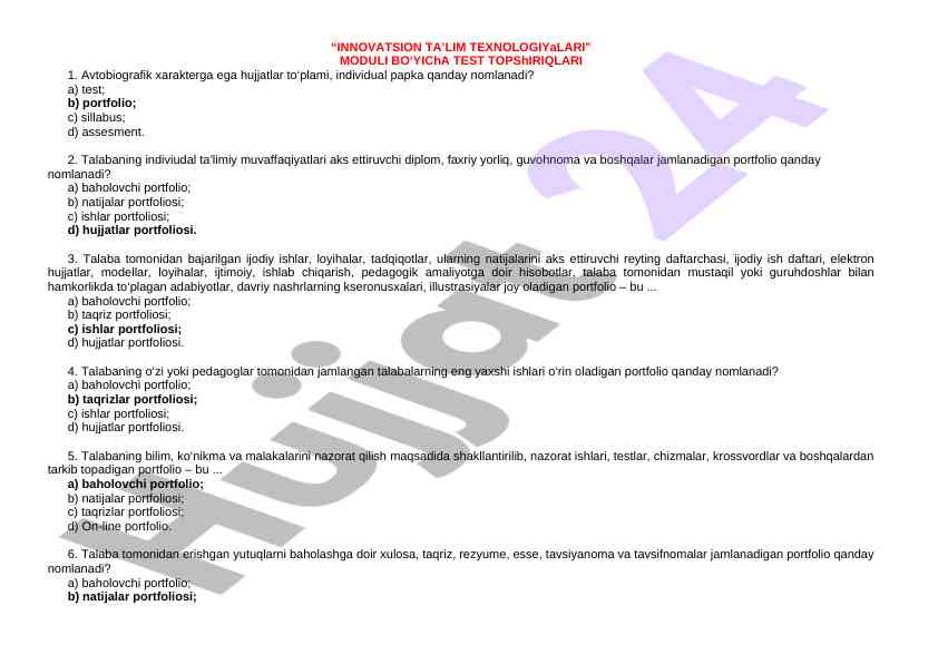 Innovatsion ta'lim texnologiyalari bo'yicha testlar