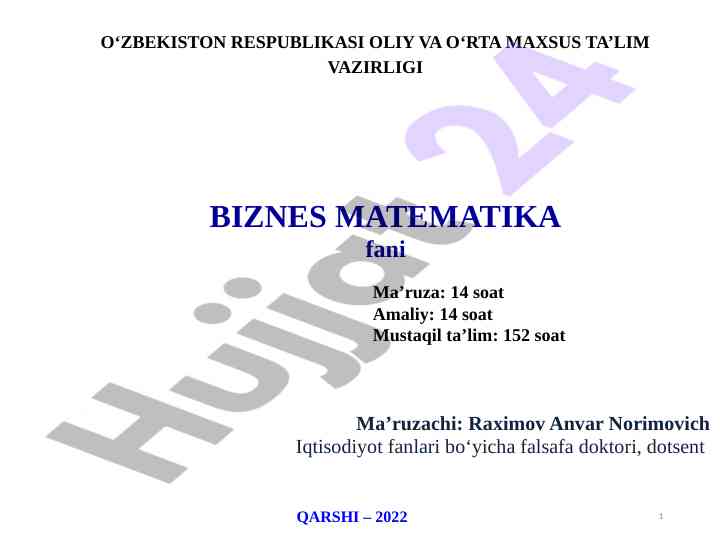 Biznes matematika fani o‘quv qo‘llanmasi
