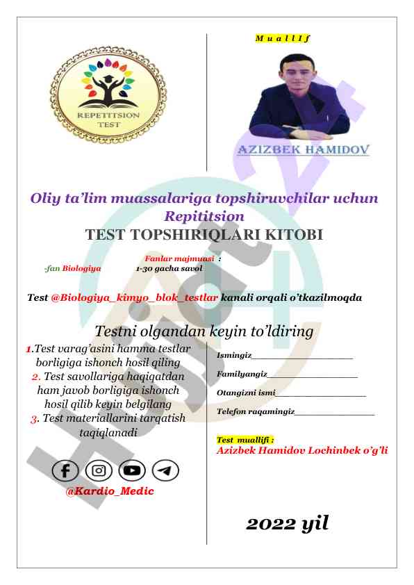 Biologiya faniga oid test topshiriqlari kitobi