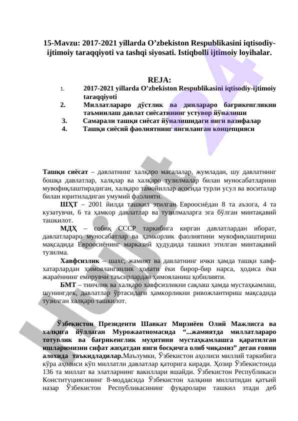 O‘zbekiston iqtisodiy-ijtimoiy taraqqiyoti 2017-2021