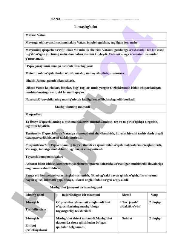 O'quvchilarga vatan haqida o'qitish mashg'uloti
