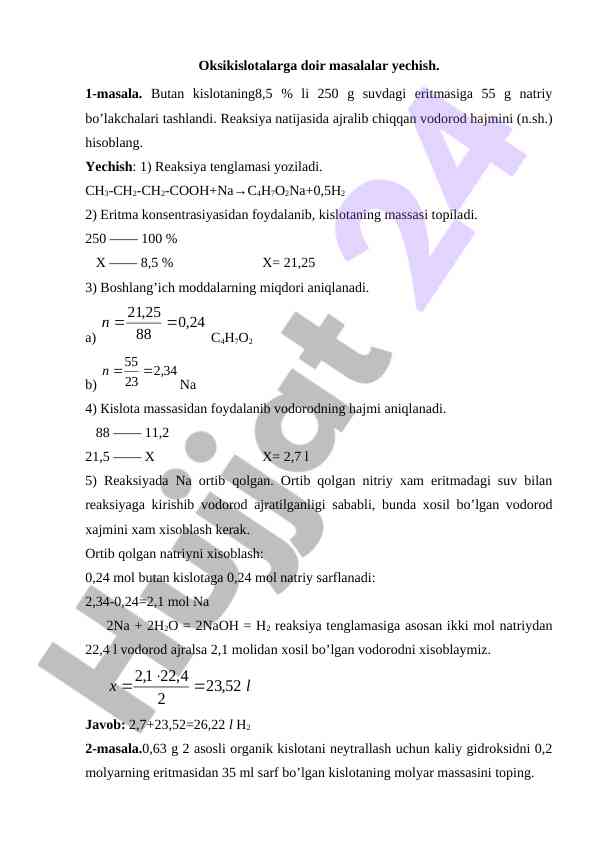 Oksikislotalar va ularning reaksiyalarini tahlil qilish