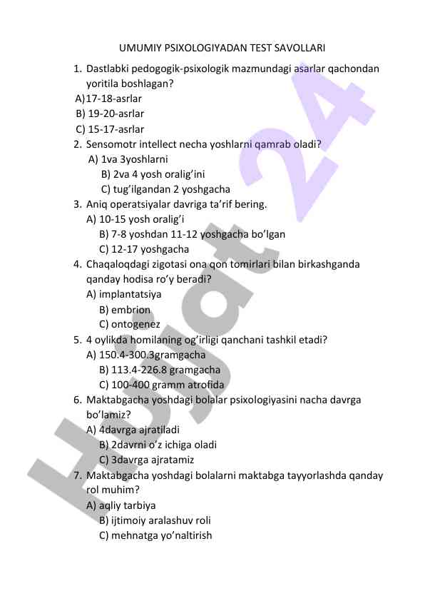 Umumiy psixologiyadan test savollari taqdimoti