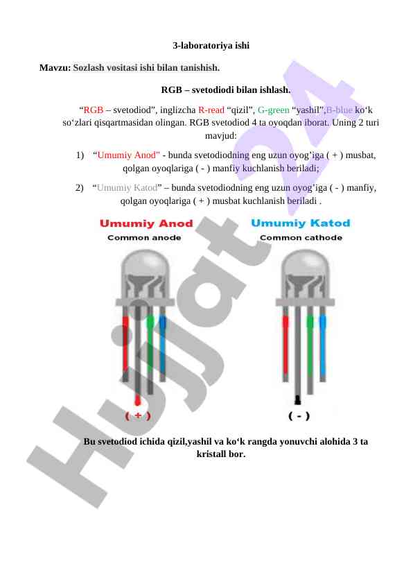 Rgb svetodiodi bilan ishlash laboratoriya ishlari