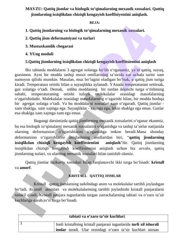 Mexanik xossalar haiqida qattiq jismlar tahlili